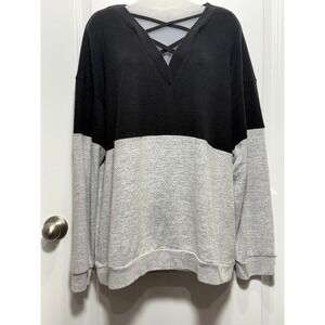 Sakurafina Colorblock V Neck Criss Cross Hoodie Sweatshirt Womens 1XL Black Gray